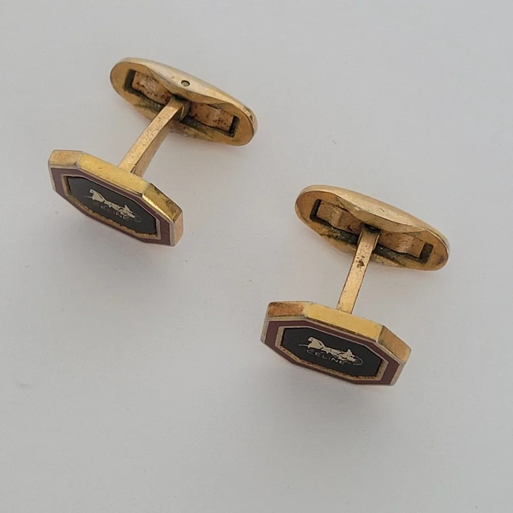 Celine Vintage Horse Carriage Logo Octagon Cufflinks Gold Tone Enamel Black Red